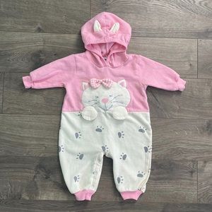 Vintage Funstuff Kitty Cat Pink 9-12m Hooded Baby Coverall Romper